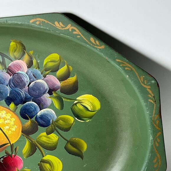 Vintage Nash Company Metal Tray Tole Painting Fruit Olive Green 14 Inch MCM - Picture 4 of 10
